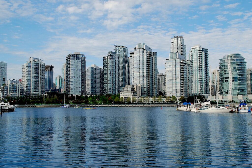 vancouver, british columbia, skyscrapers, nature, reflection, architecture, facade, modern, water