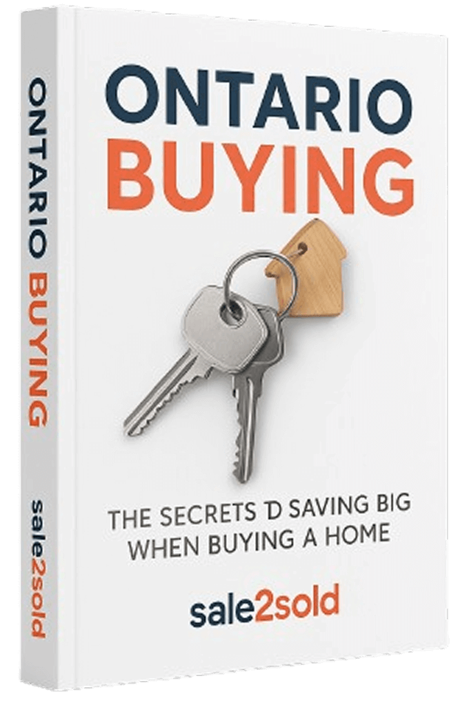 3D book cover titled ONTARIO BUYING with keys and a wooden house keychain, subtitle The secrets d saving big when buying a home, sale2sold logo